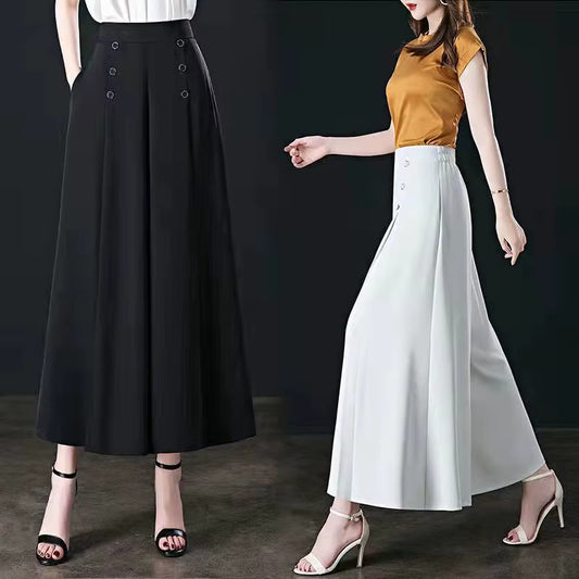 Pantaloni Largi Damă Eleganți cu Nasturi și Buzunare, Talie Elastică
