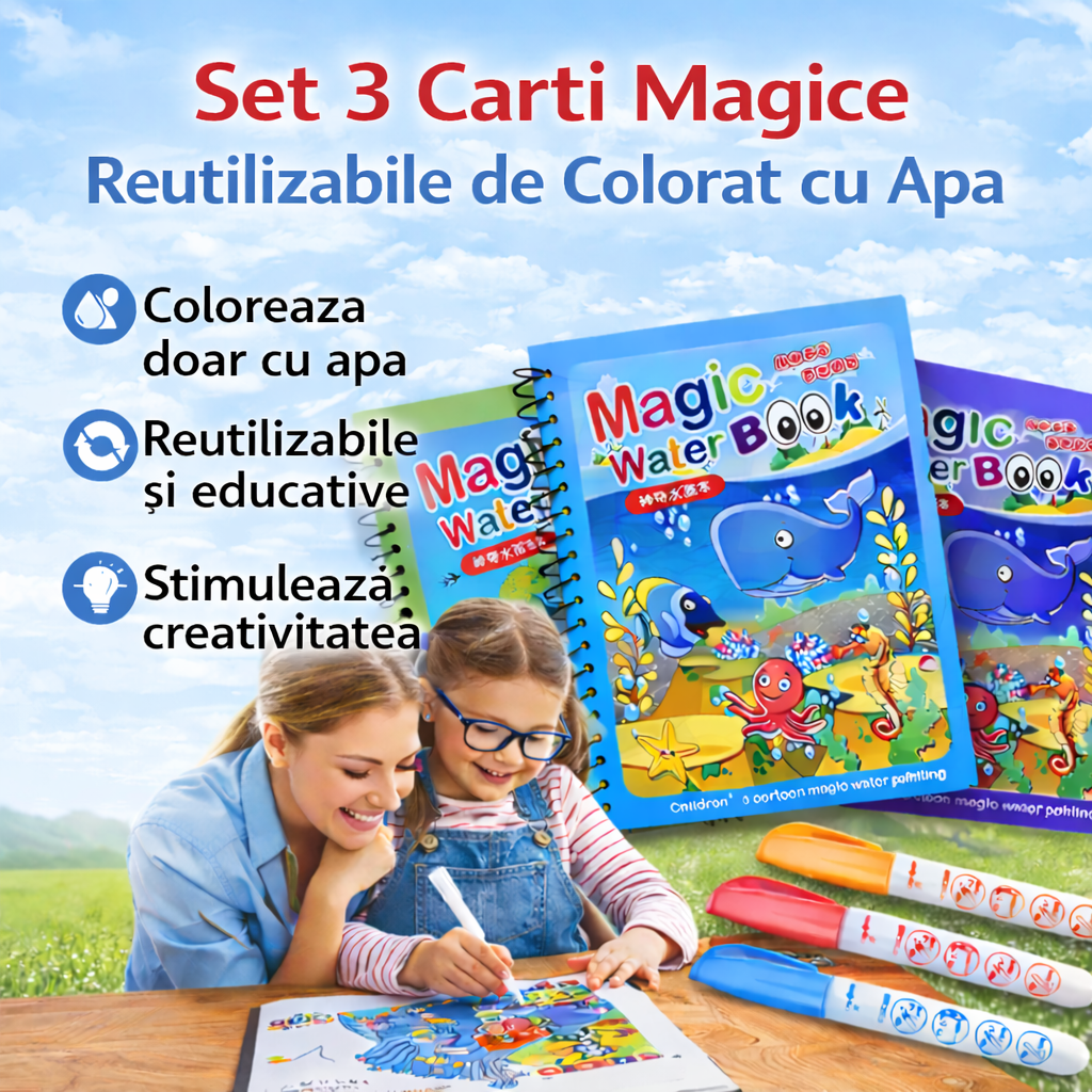 Set 3 Cărți Magice Reutilizabile de Colorat cu Apă | Coloris
